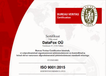 Datafox sai ISO 9001:2015 sertifikaadi